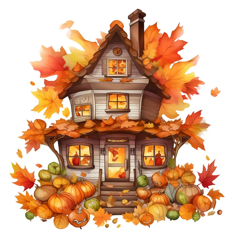 Small cute doodle house surrounded by autumn leaves
