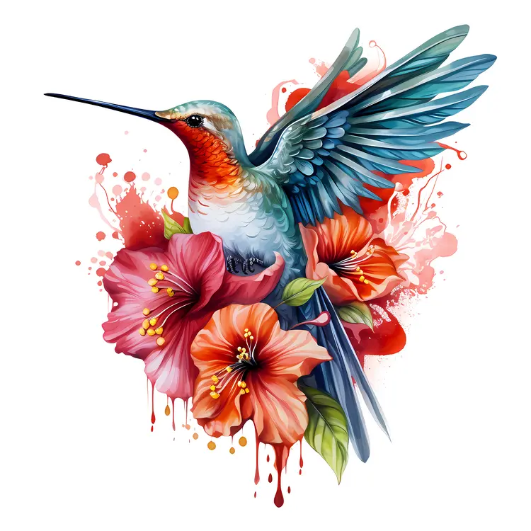 Hummingbird and Red Blooms Illustration