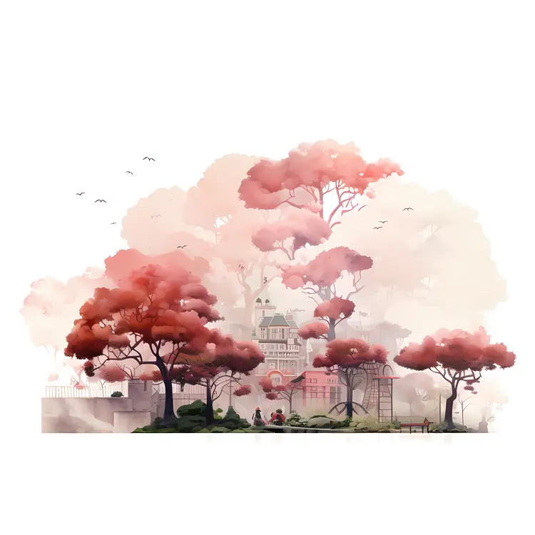 Castle Surrounded by Trees and Birds