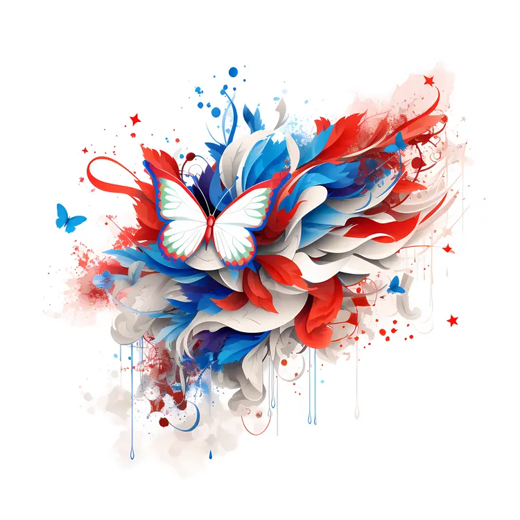 Abstract Butterfly and Flowers with Red and Blue Splash