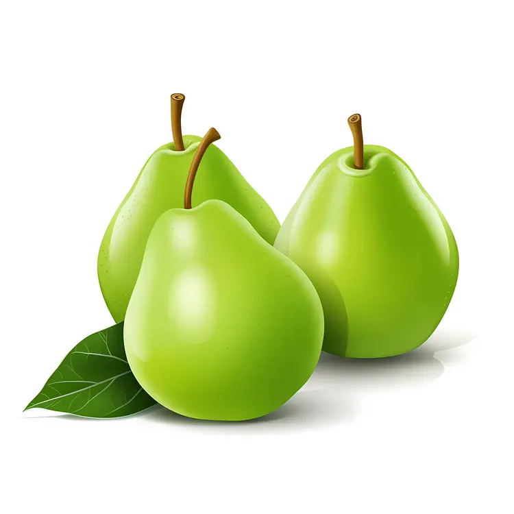 Three Fresh Green Pears with Leaves