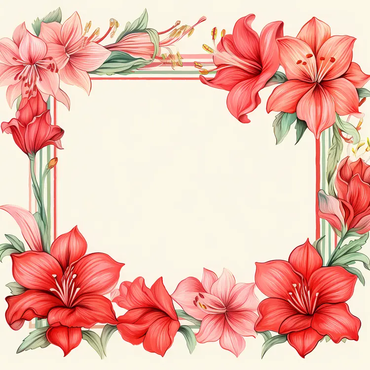 Floral Frame with Red and Pink Amaryllis