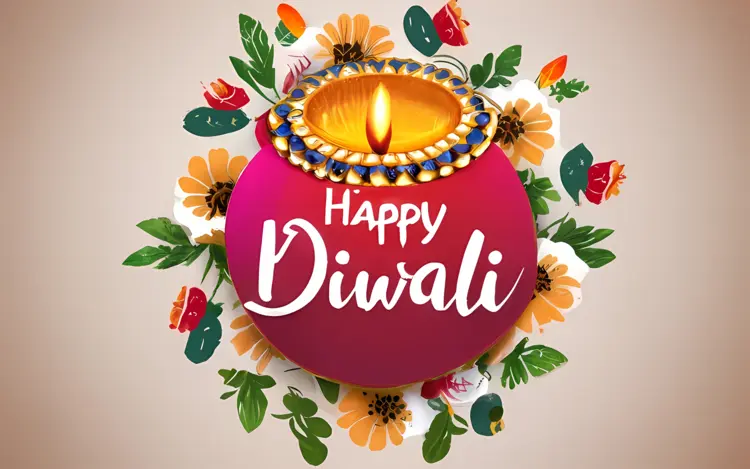 Happy Diwali with Lamp and Flowers