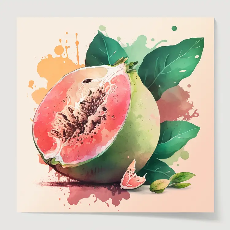 Watercolor Guava Illustration with Leaves