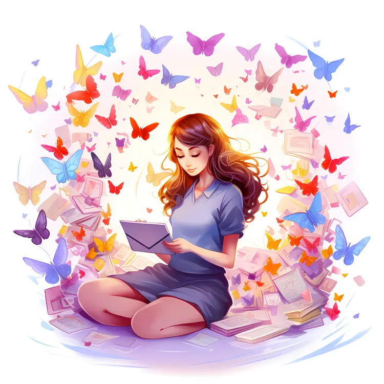 Girl Reading Surrounded by Butterflies
