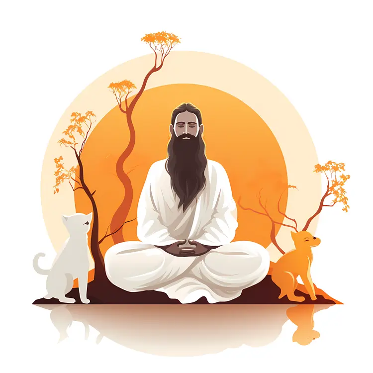 Meditating Man with Animals in a Peaceful Sunrise Scene