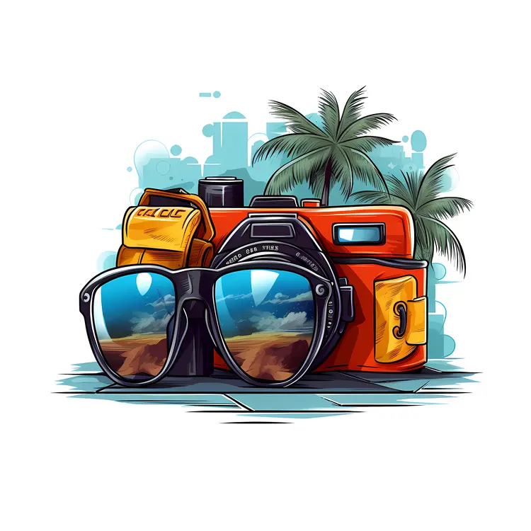 Travel Camera with Sunglasses and Palm Trees