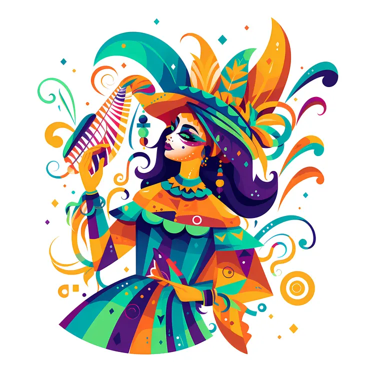Carnival Lady with Colorful Feathers and Mask
