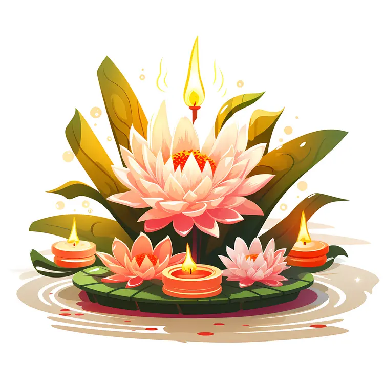 Pink Lotus Flowers with Candles and Leaves