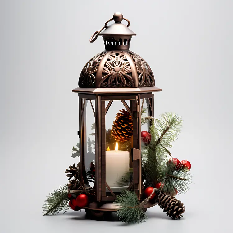 Bronze Lantern with Candle and Pinecones