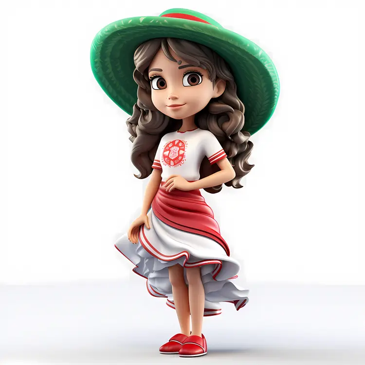 Adorable Girl in Traditional Mexican Dress with Green Hat