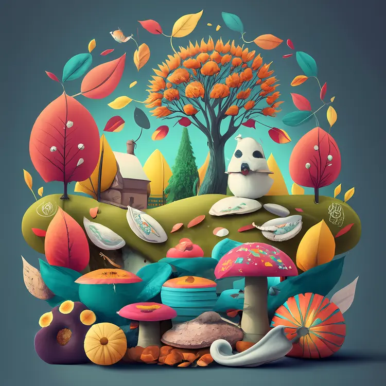 Autumn Scene with Tree and Mushrooms