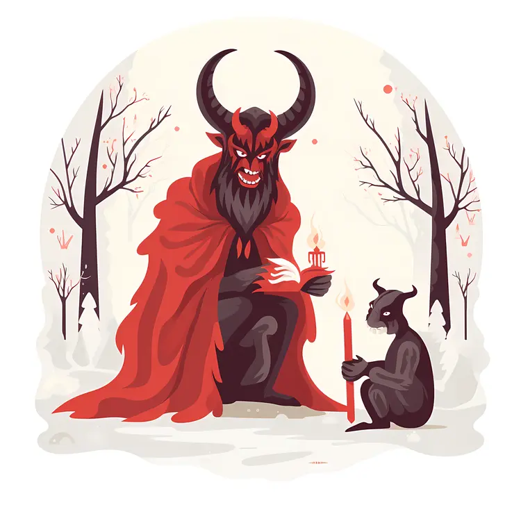 Horned Demon with Red Cape and Small Creature