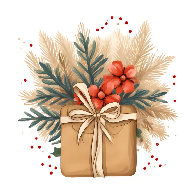 Elegant Gift Box with Pine and Red Flowers