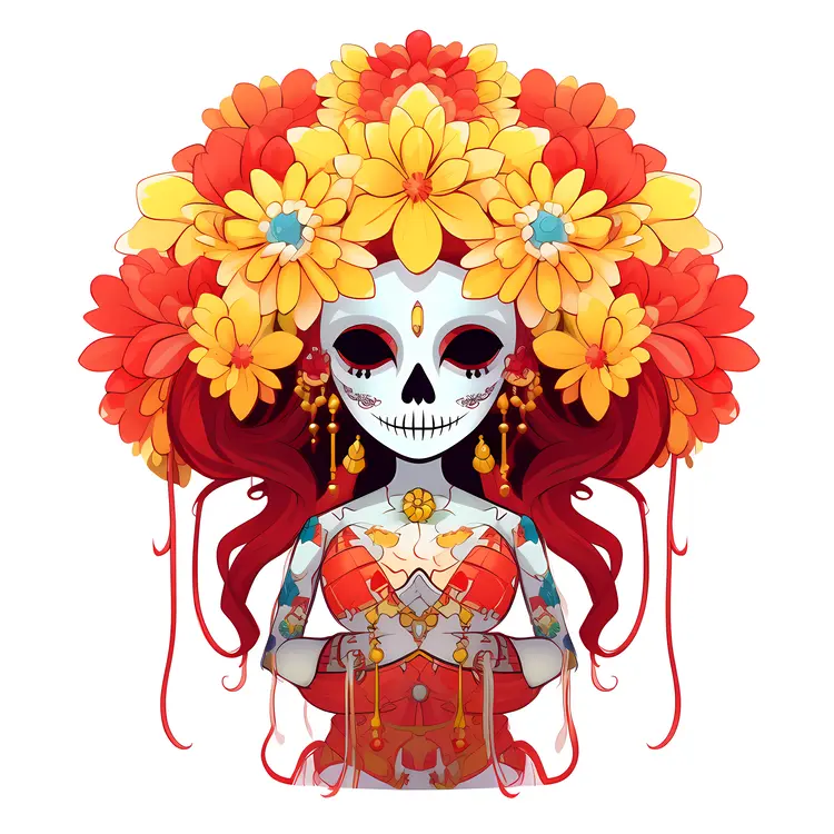 Festive Sugar Skull with Colorful Flowers for Day of the Dead