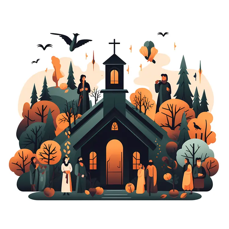 Church with People in Forest Setting