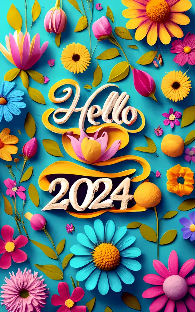 Hello 2024 with Flowers and Leaves
