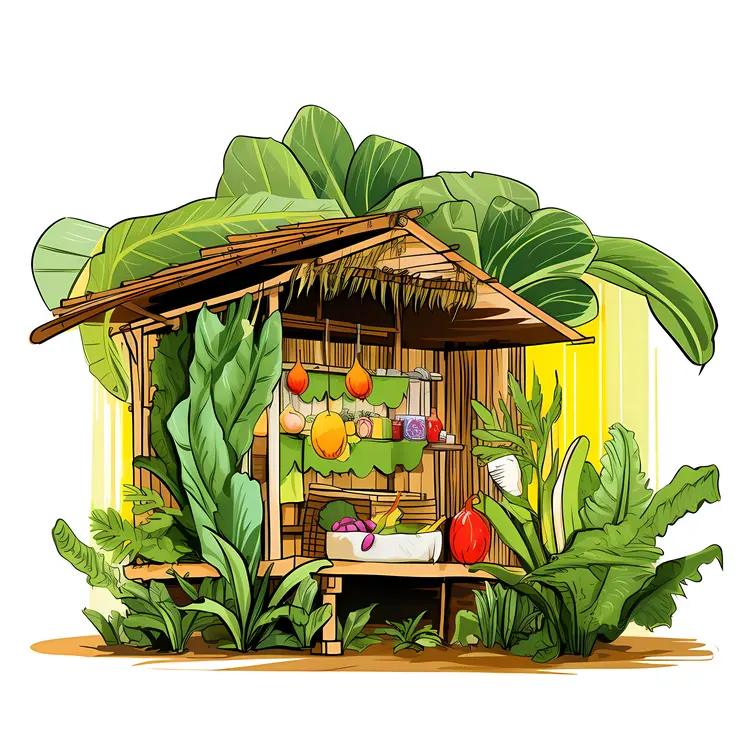 Tropical Hut with Fruits and Plants