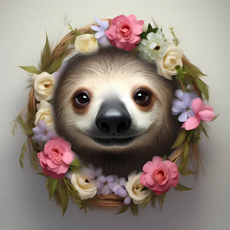 Cute Sloth in Floral Wreath