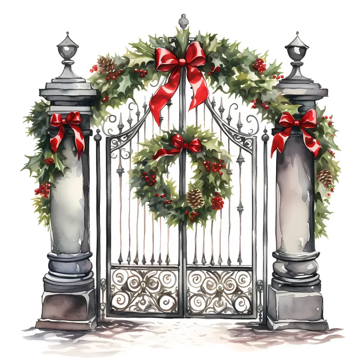 Festively Decorated Gate with Wreath and Red Bows