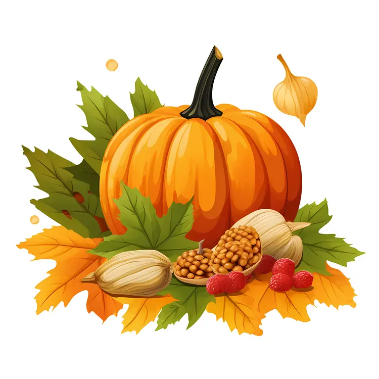 Orange Pumpkin with Autumn Leaves and Berries