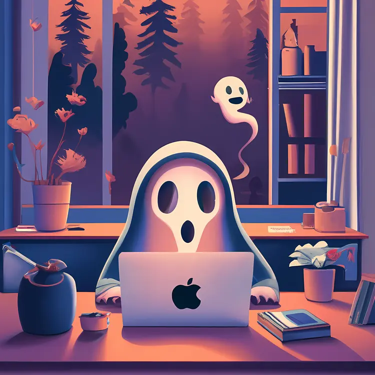 Ghost with Laptop in Forest at Night