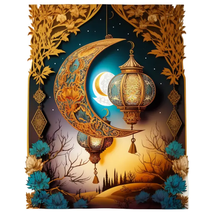Ornate Moon and Lanterns in Night Sky