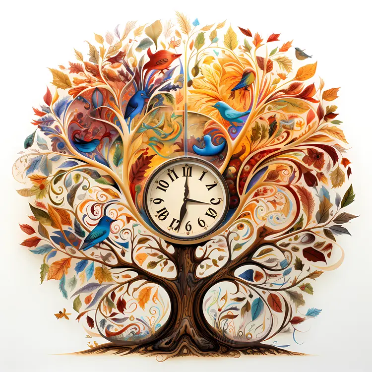 Tree Clock with Birds and Leaves