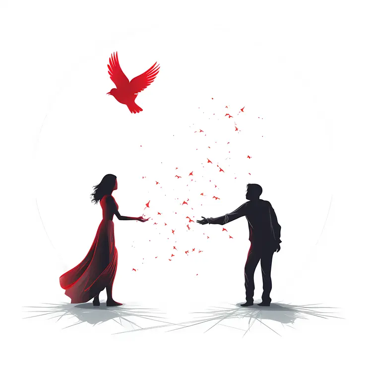 Romantic Silhouette Couple with Red Bird