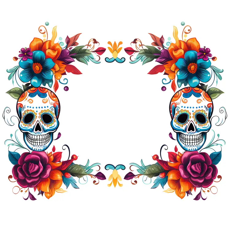Colorful Skulls and Flowers for Day of the Dead Celebration