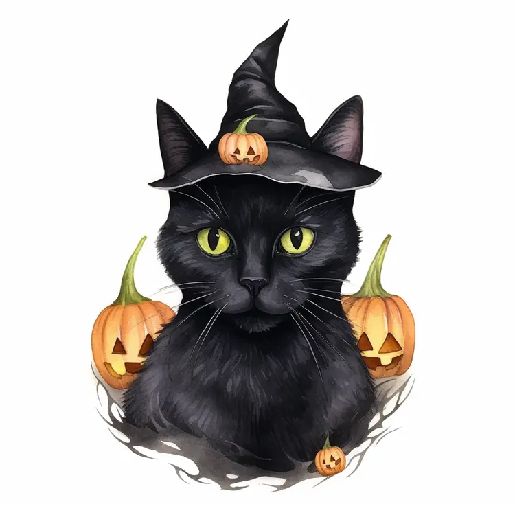 Black Cat with Witch Hat and Pumpkins for Halloween