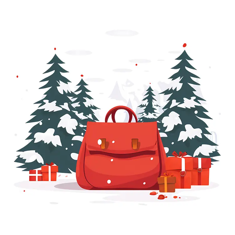 Red Backpack with Gifts in Snowy Forest