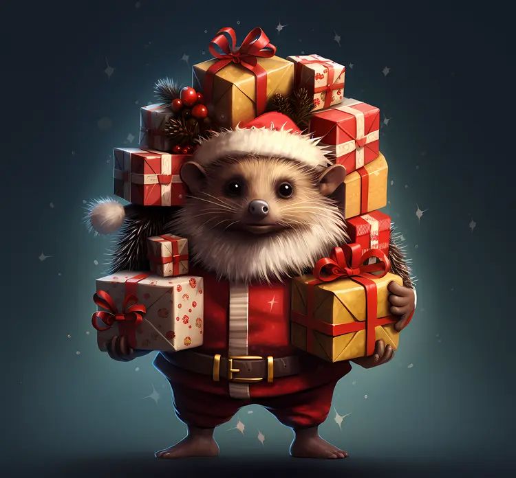 Hedgehog Santa with Multiple Gifts