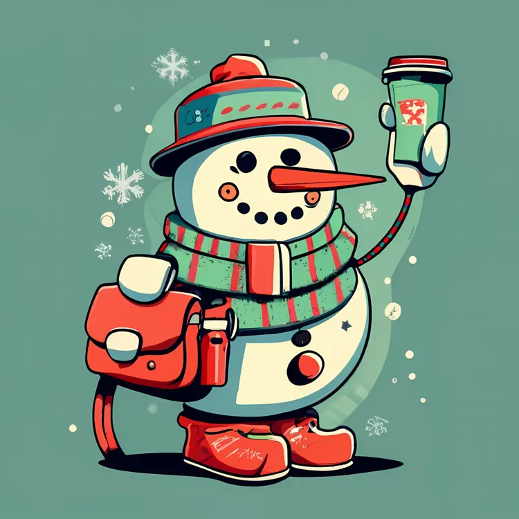 Snowman Holding Coffee Cup in Winter Attire
