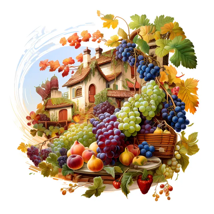 Autumn Harvest Fruit Basket with Grapes and Peaches