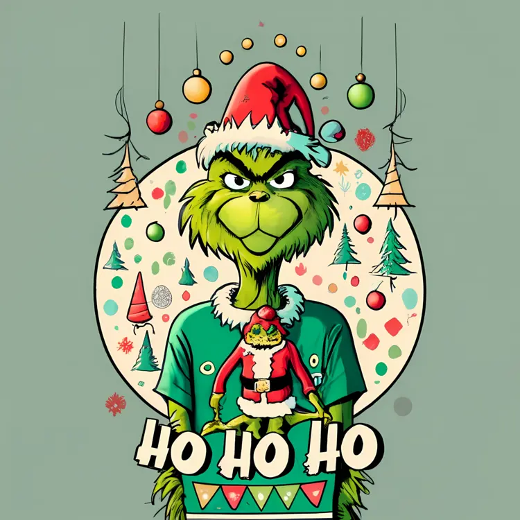 Grinch with Santa Hat and 'Ho Ho Ho' Text