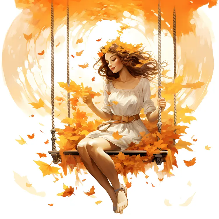 Woman on Swing with Autumn Leaves