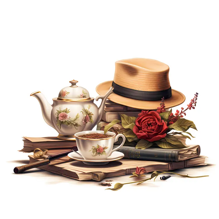 Vintage Teapot and Cups with Books