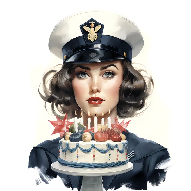 Woman in Navy Uniform with Birthday Cake
