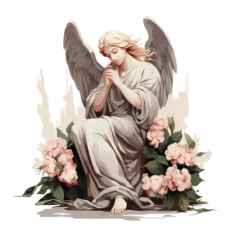 Praying Angel Statue with Pink Flowers