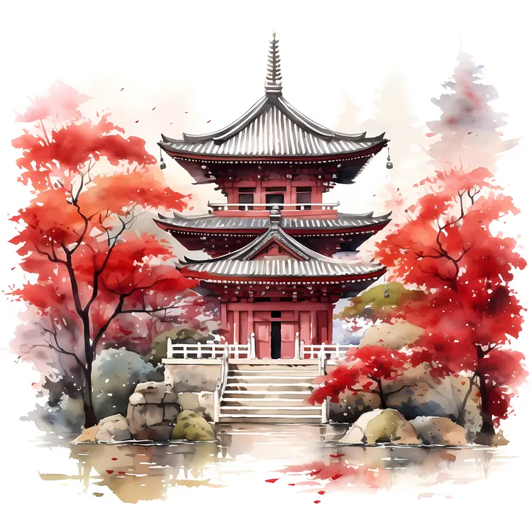 Red Pagoda with Autumn Trees