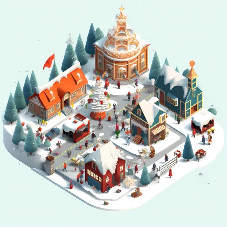 Snowy Town with Festive Decorations