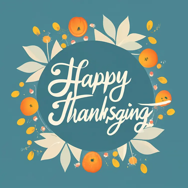 Happy Thanksgiving Text with Floral and Leaf Decorations