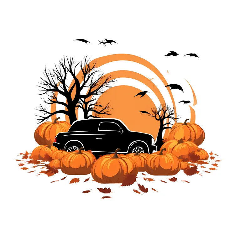 Black Car in Pumpkin Patch with Autumn Trees