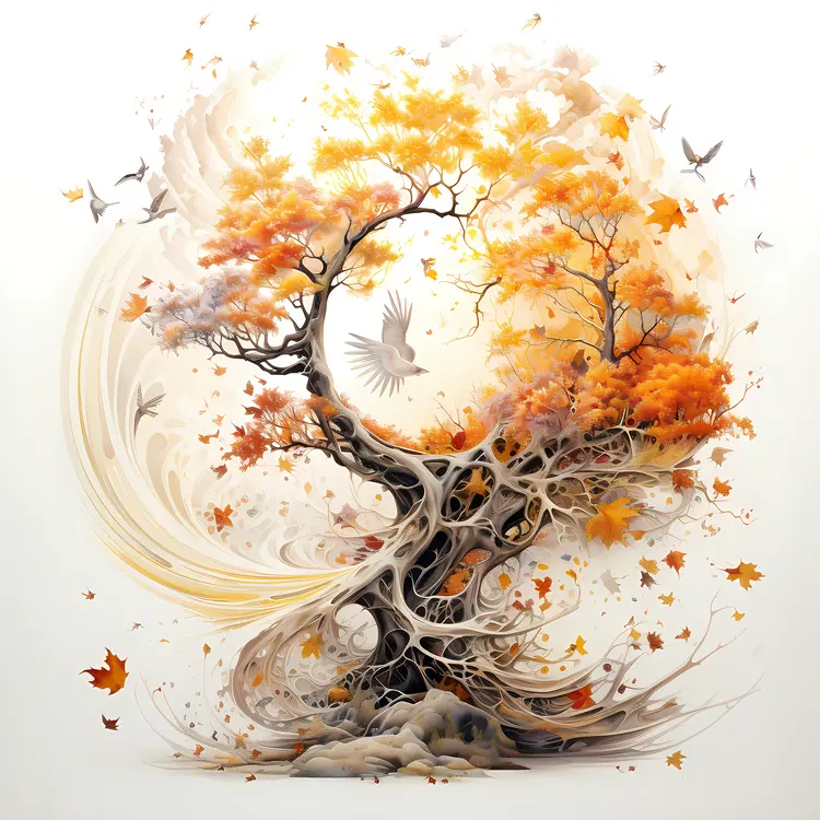 Tree with Autumn Leaves and Birds