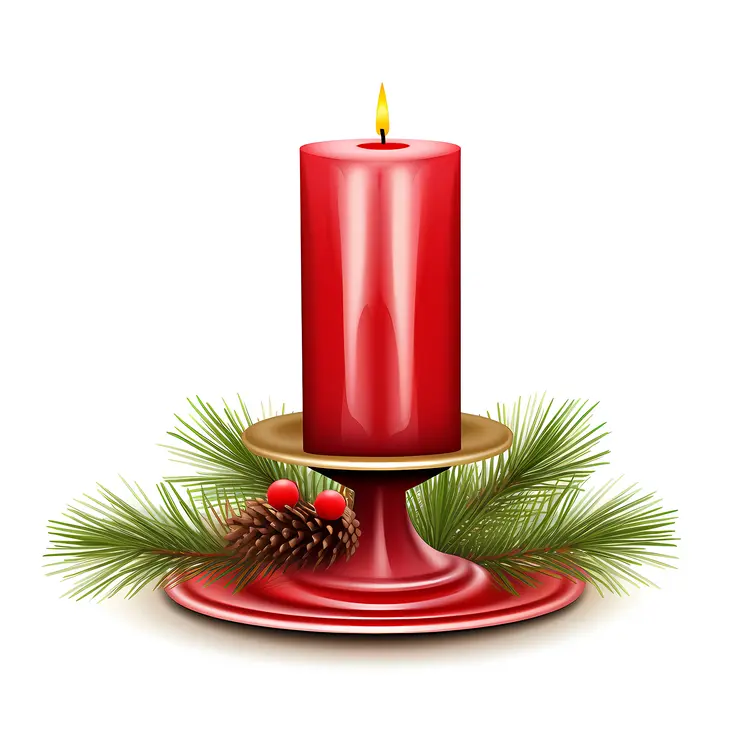 Red Candle with Pine Cone and Greenery