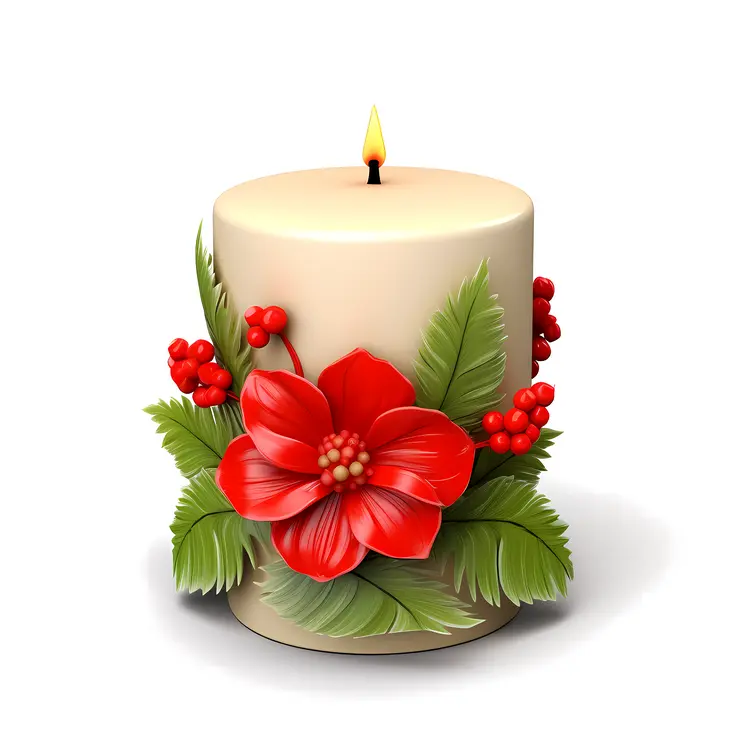 White Candle with Red Flower and Green Leaves for Christmas Decoration
