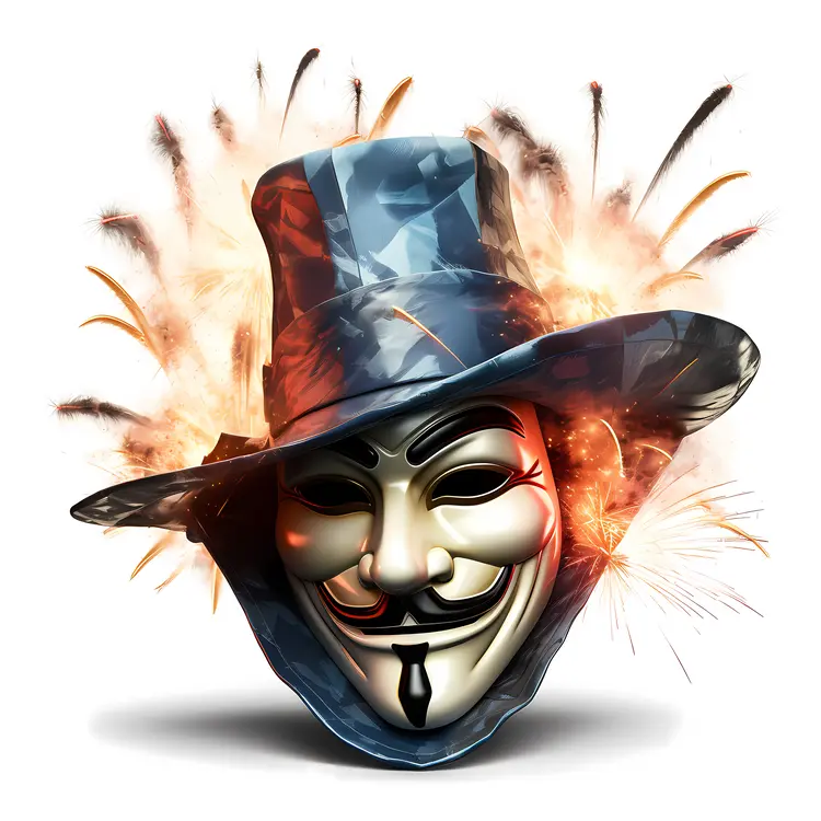 Guy Fawkes Mask with Top Hat and Fireworks