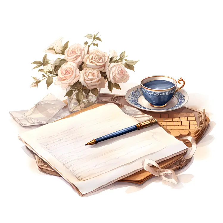 Elegant Notebook and Pen with Roses and Teacup