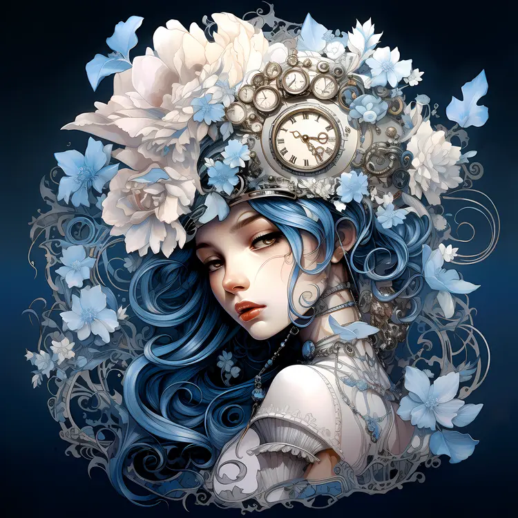 Fantasy Portrait with Blue Hair and Flowers